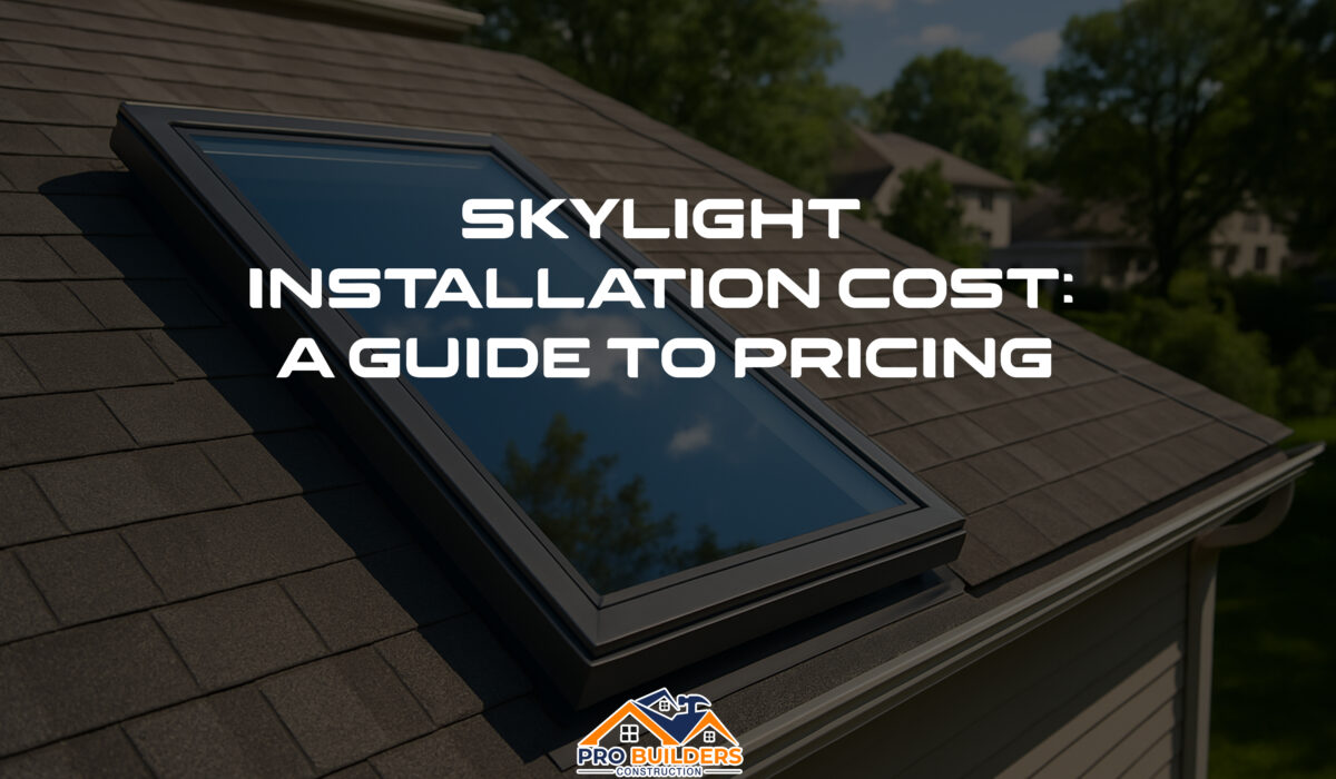 A high-resolution image of a modern skylight installed on a sloped roof with asphalt shingles, reflecting a blue sky with scattered clouds. The surrounding scene includes green trees and suburban houses in the background, taken during daylight.