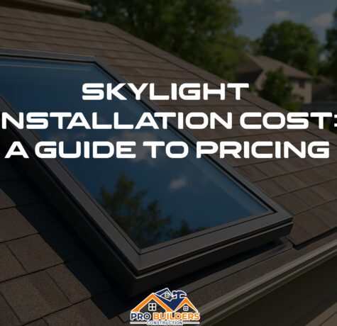A high-resolution image of a modern skylight installed on a sloped roof with asphalt shingles, reflecting a blue sky with scattered clouds. The surrounding scene includes green trees and suburban houses in the background, taken during daylight.