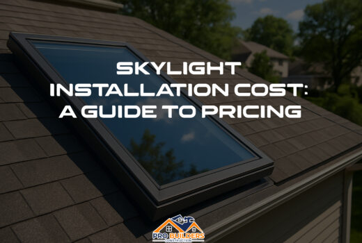 A high-resolution image of a modern skylight installed on a sloped roof with asphalt shingles, reflecting a blue sky with scattered clouds. The surrounding scene includes green trees and suburban houses in the background, taken during daylight.