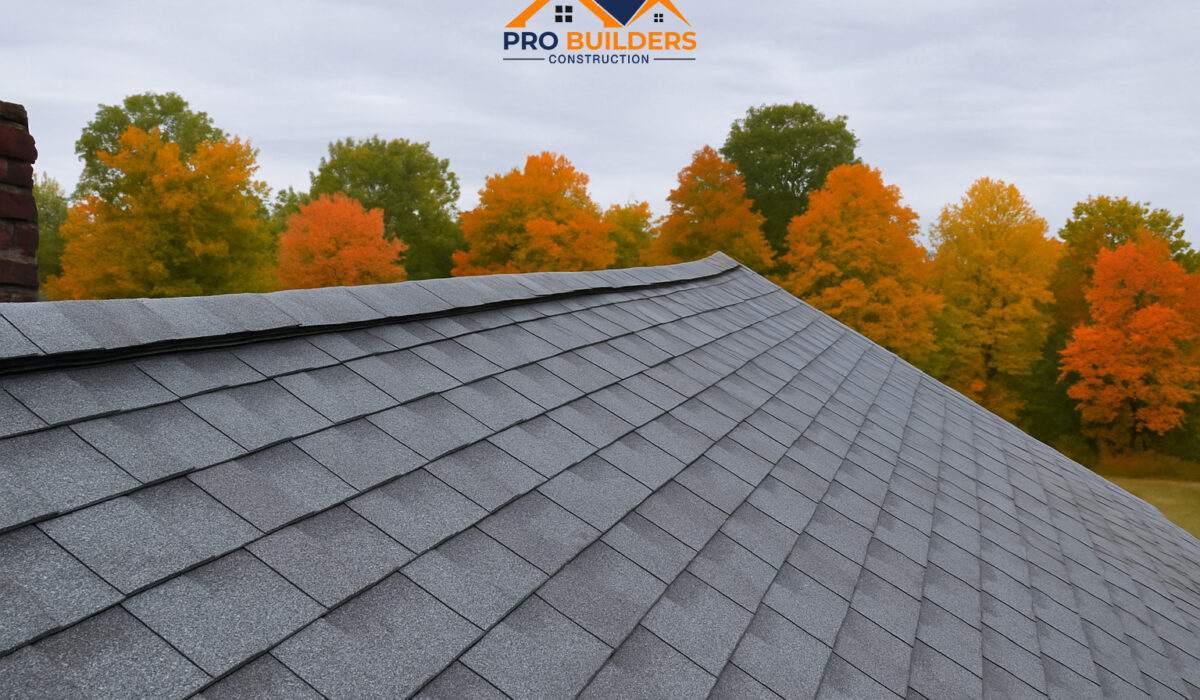 Gray shingle roof with a brick chimney in the foreground, set against a backdrop of autumn trees with orange and green foliage under a cloudy sky.