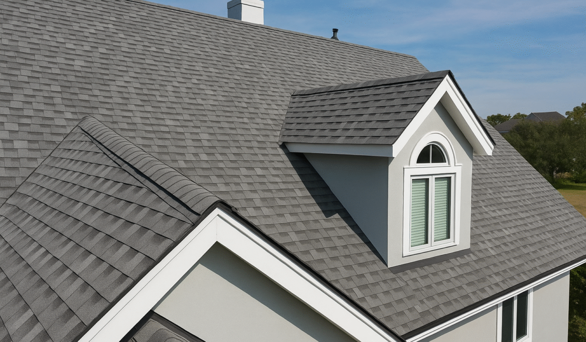 A residential roof with gray asphalt shingles, featuring a dormer with an arched window and white trim under a clear blue sky.