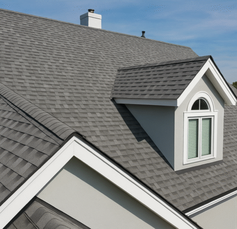 A residential roof with gray asphalt shingles, featuring a dormer with an arched window and white trim under a clear blue sky.