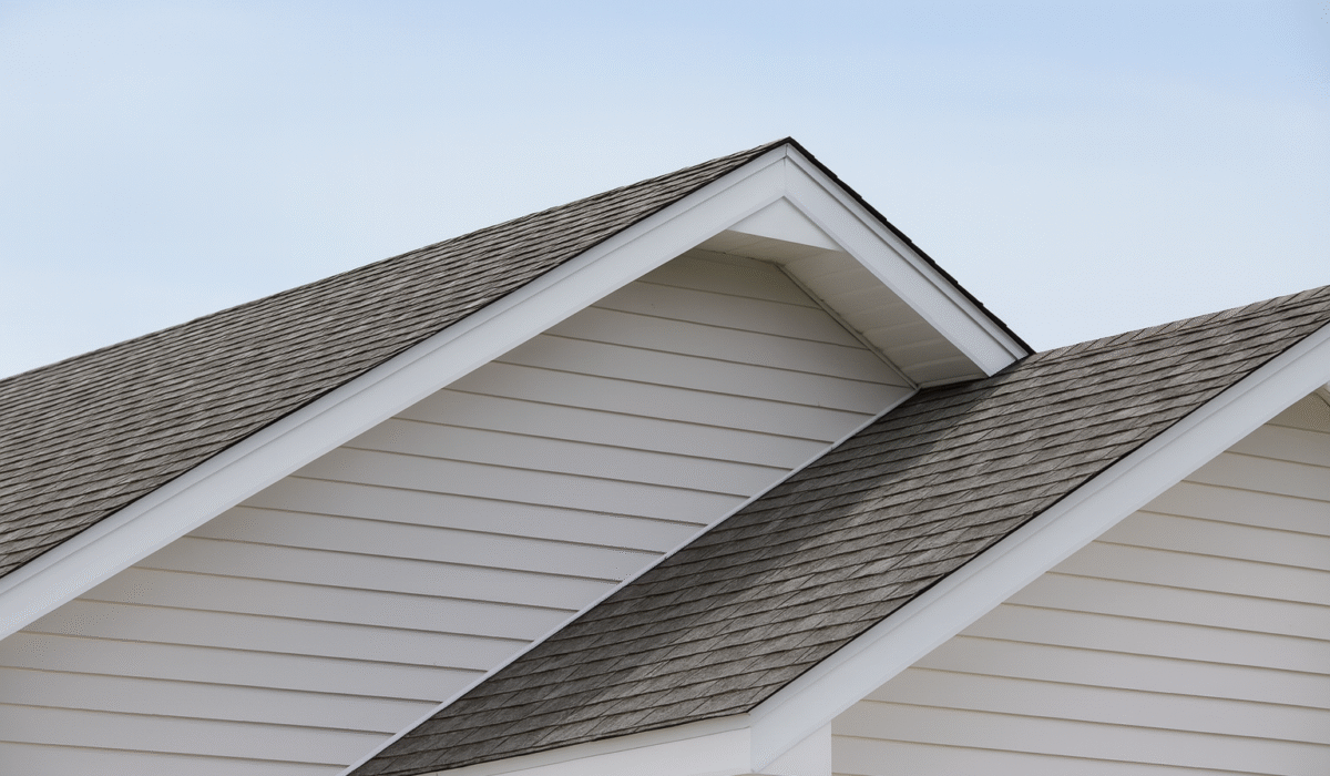 Close-up view of a modern house roof with gray asphalt shingles and white vinyl siding, shown from a slightly angled perspective under a clear blue sky.