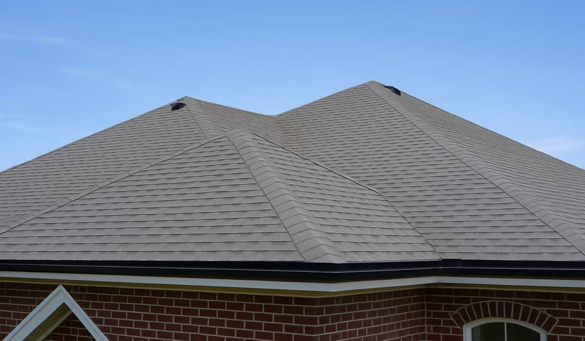 Gray asphalt shingle roof on a red brick house with minimal roof vents, viewed from an angled perspective under a clear blue sky.