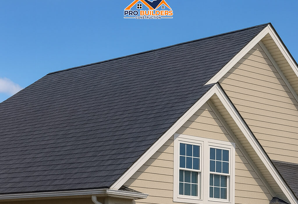 Beige suburban house with dark gray shingle roof, featuring double-hung white-trimmed windows and blue shutters under a clear blue sky.