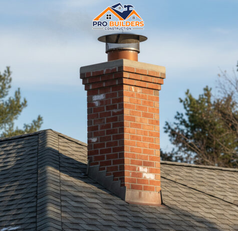 A brick chimney on a shingled roof with a wisp of smoke rising from its top against a blue sky, surrounded by green pine trees and bare branches.