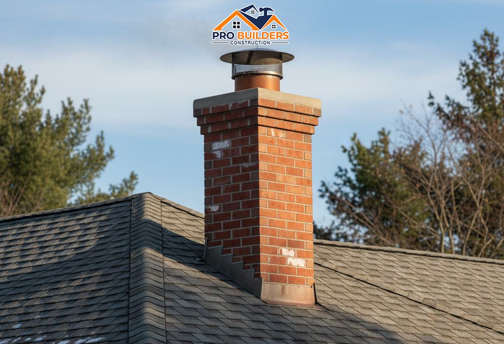 A brick chimney on a shingled roof with a wisp of smoke rising from its top against a blue sky, surrounded by green pine trees and bare branches.