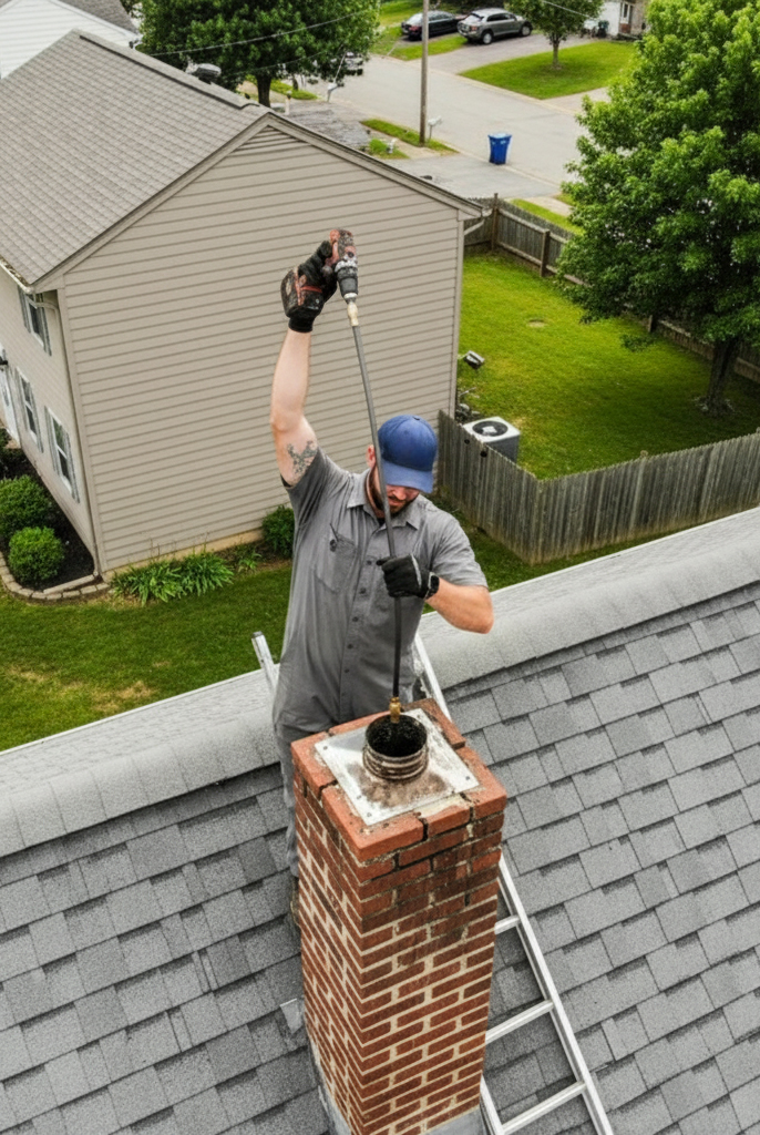 A high-angle view of a chimney sweep on a shingled roof, cleaning a brick chimney with a long, spinning brush tool. In the background, a suburban neighborhood with other houses and green lawns is visible.
