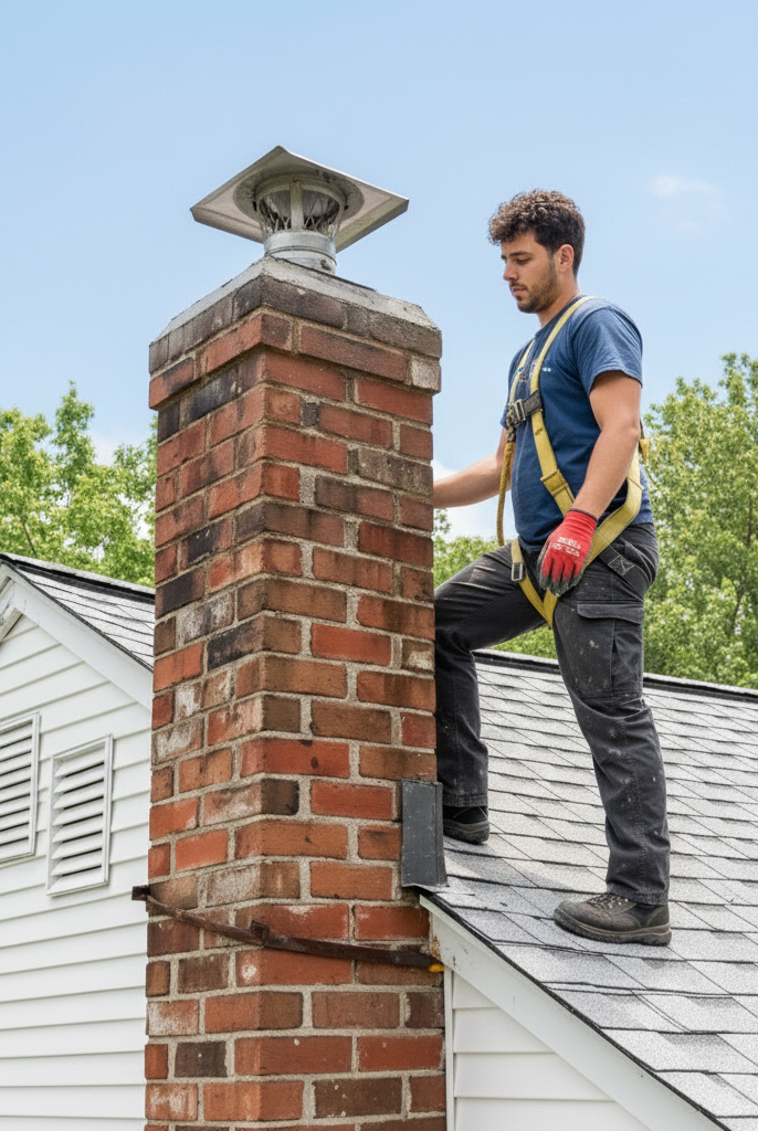 A man wearing a safety harness and red gloves stands on a gray shingled roof next to a brick chimney, appearing to inspect it. The man has dark curly hair and is wearing a blue t-shirt and dark pants. In the background, there's a white house siding and green trees under a blue sky.