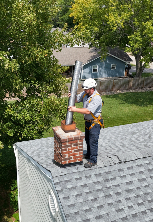 From a high angle, a worker wearing a white hard hat, a light-colored work shirt, and dark pants stands on a grey shingled roof, inserting a long, flexible metal chimney liner into a brick chimney on a sunny day.