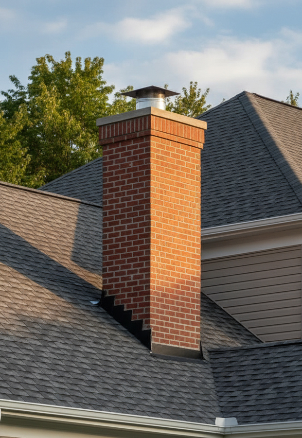 newly rebuilt red brick chimney with a metal cap stands on the grey shingle roof of a beige-sided house, set against a blue sky with green trees in the background.