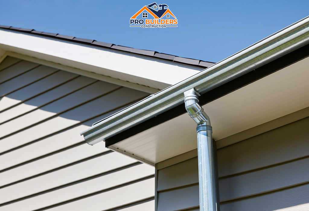 Close-up view of a home’s gutter system and downspout installed on vinyl siding, showing clean, well-fitted gutters under a clear blue sky - Pro Builders Construction.