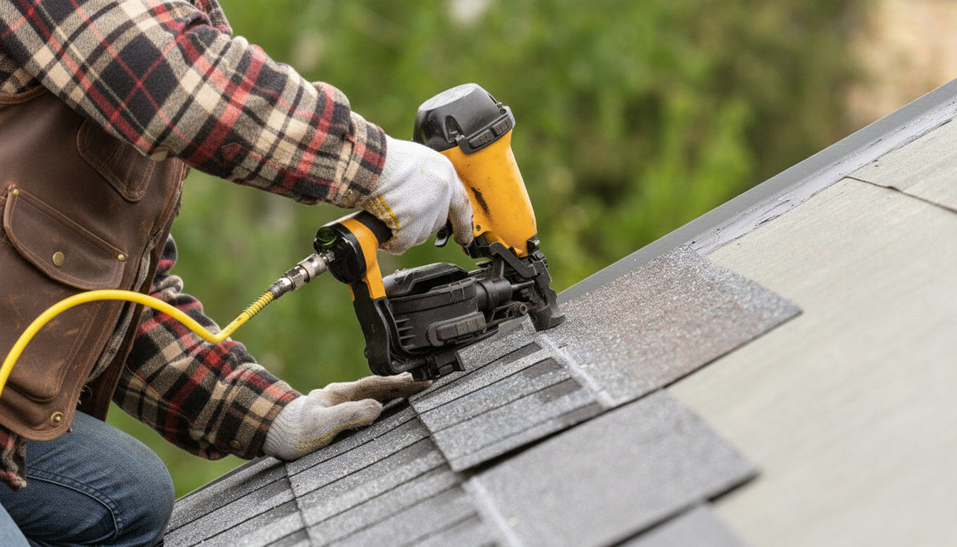 A construction worker nailing shingles on a roof.