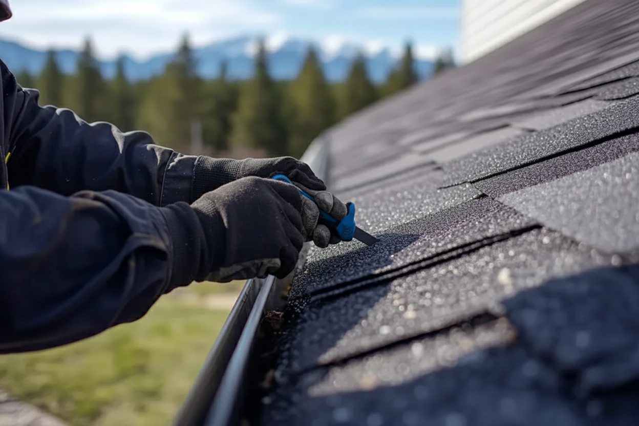 An outdoor close-up image showing a person working on a dark asphalt shingle roof, possibly trimming or sealing a section near the gutter. The person is wearing blue and black work gloves and is using a small blue utility knife or scraper tool. The background features a mountainous landscape with pine trees and a clear blue sky, suggesting a remote or scenic location rather than a typical neighborhood.