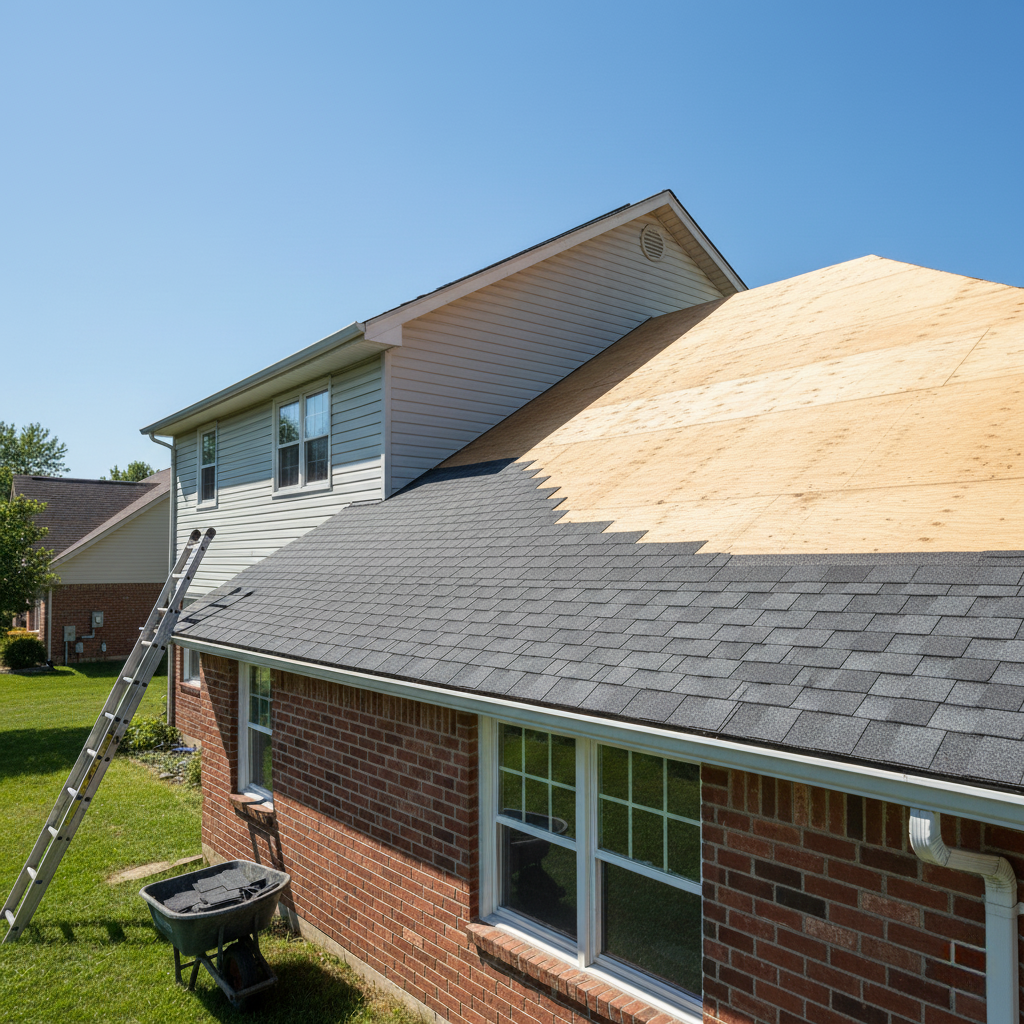 A residential roof is partially shingled, with the other section showing exposed plywood. A ladder rests against the side of the house.
