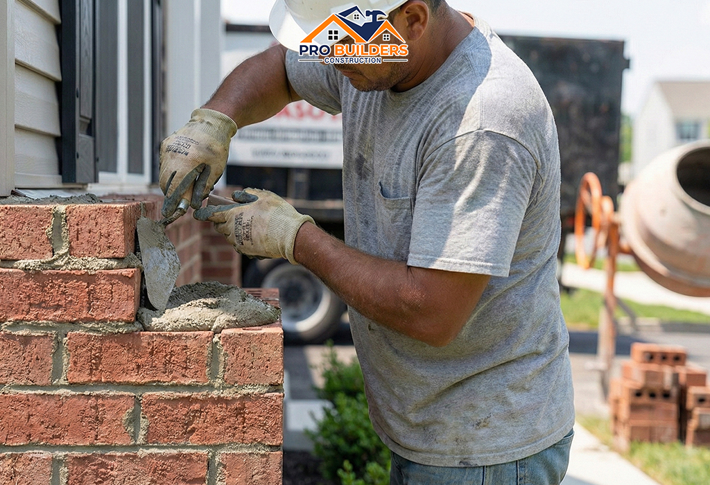 Construction worker laying natural stone blocks with mortar and trowel.