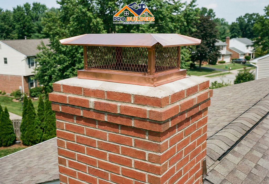 A close-up view of the top of a pristine red brick chimney on a residential roof. The chimney is topped with a shiny, copper-colored metal cap featuring a mesh spark arrestor. The background shows a sunny suburban neighborhood with green trees and the roofs of other American-style homes.