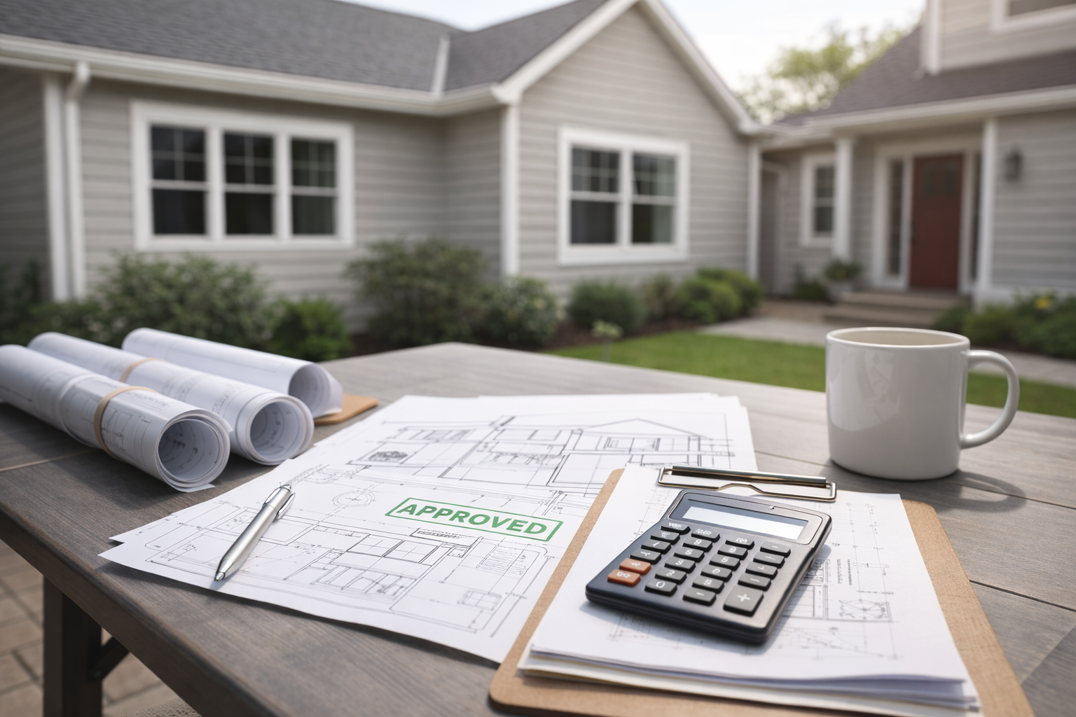 Construction plans and calculator on a table in front of a completed residential home, representing financing options for home improvement projects.