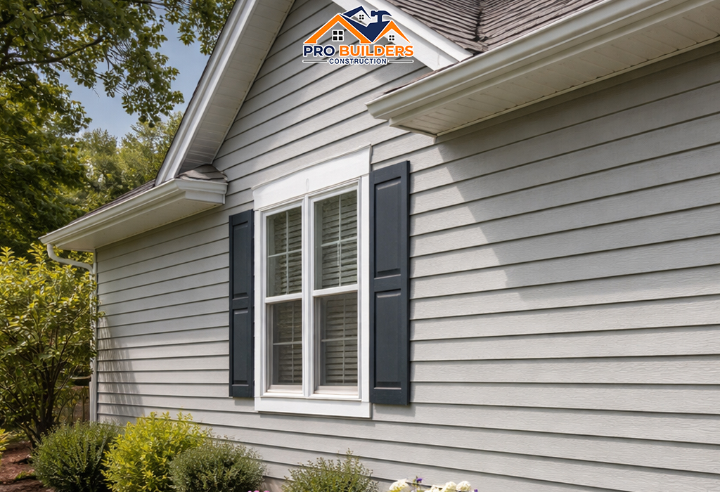 Home exterior with light gray vinyl siding, white trim, black shutters, and a landscaped garden on a sunny day.
