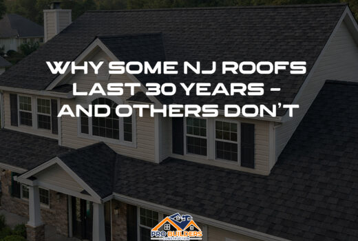 Two-story suburban New Jersey home with cream siding and white trim, featuring a newly installed charcoal gray architectural shingle roof highlighted in warm late-afternoon light.
