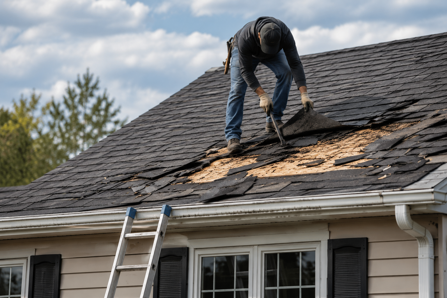 Roofing contractor removing damaged asphalt shingles from a residential roof after storm damage, preparing the surface for professional roof repair and replacement.