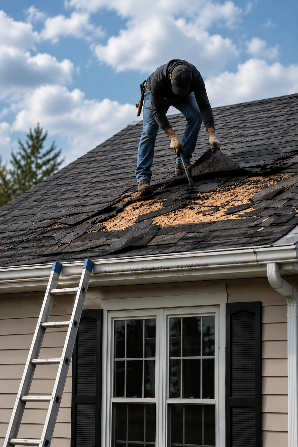 Experienced roofing contractor replacing storm-damaged asphalt shingles on a residential home to restore roof protection after severe weather.